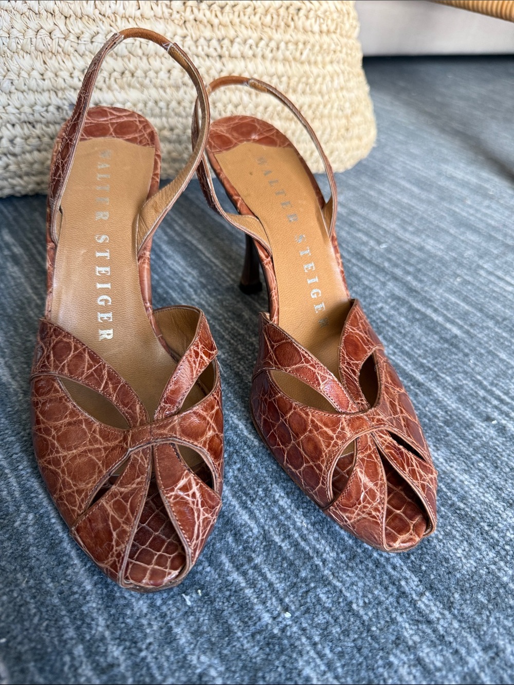 Walter Steiger Cognac Croc-Embossed Slingback Heels